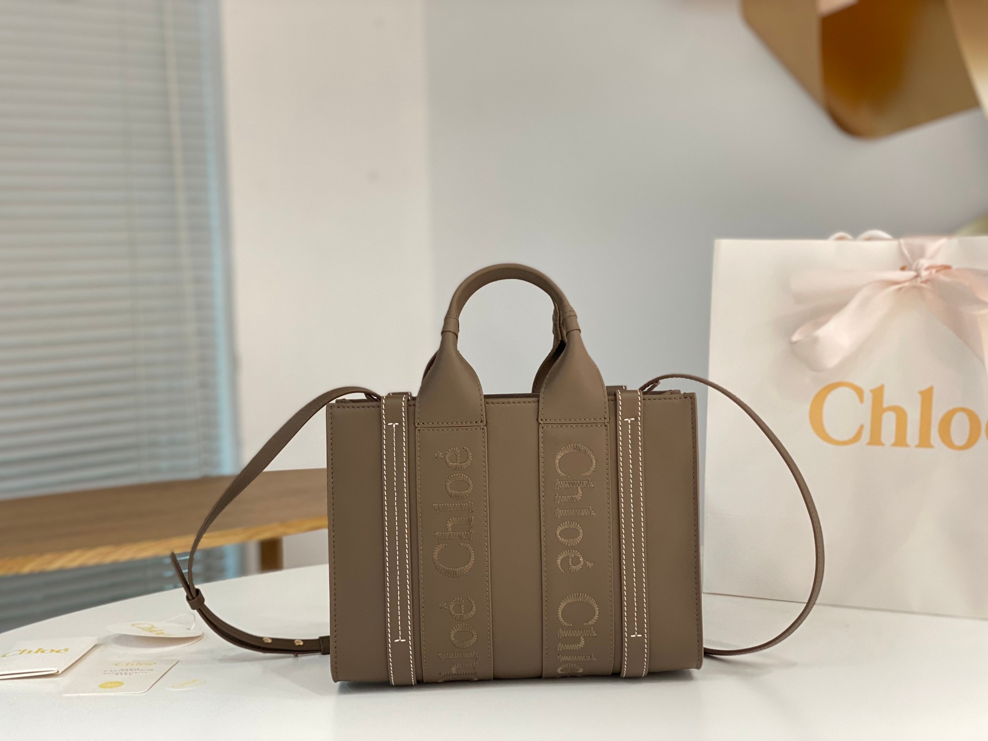 Chloe Small Woody Tote Bag In Dark Khaki Soft Smooth Calfskin Leather